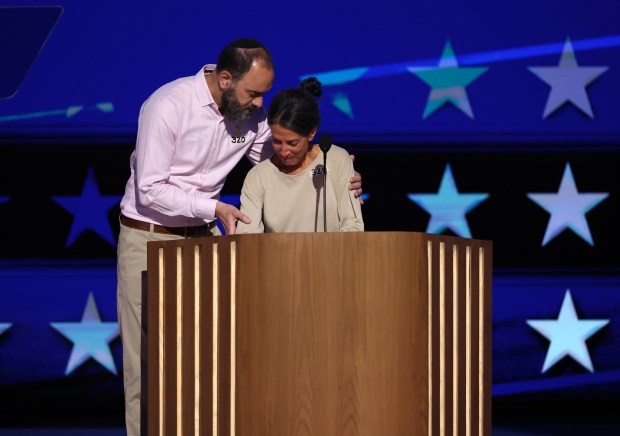 Jon Polin and Rachel Goldberg, the parents of kidnapped hostage Hersh Goldberg-Polin, speak about their son at the Democratic National Convention at the United Center in Chicago on Aug. 21, 2024. (Chris Sweda/Chicago Tribune)