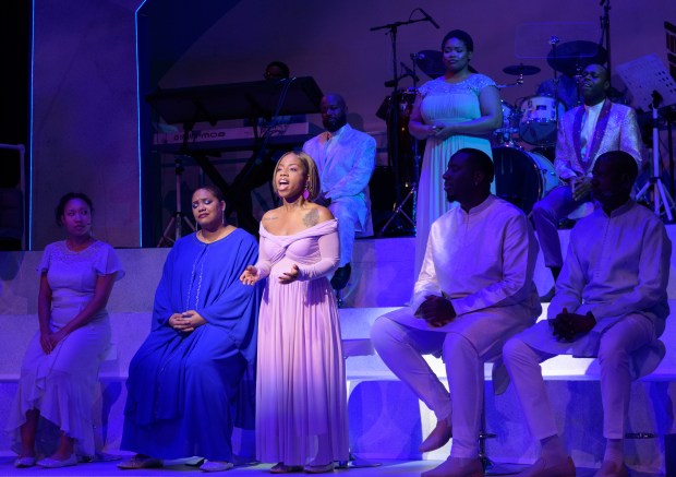 Taryn Welch, Tia Jemison, Britt Edwards, LaRon Jones and Direoce Junirs (front) with Dennis Dent, Raeven Carroll and Trequon Tate in "Blue Eyed Soul Sung by Brown Eyed People" at Black Ensemble Theater. (David J. Girson)