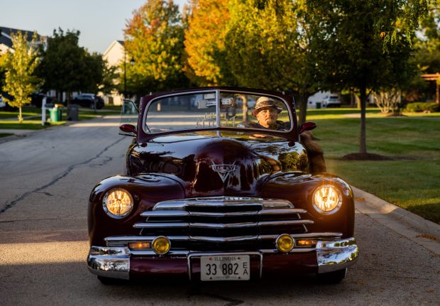 Art Martin takes a test drive in his 1947 Chevrolet Fleetmaster convertible near his home in Shorewood on Oct. 8, 2024. (Tess Crowley/Chicago Tribune)