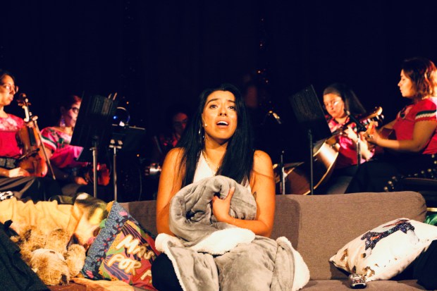 Jocey Villa and musicians in "Jocey y Las Mariachis," a world premiere by Visión Latino Theatre Company at the APO Culture Center in Pilsen as part of Destinos 2024. (Xavier M. Custodio)