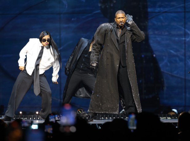 Usher performs during night one of his three night stay at the United Center as part of the Past Present Future Tour on Oct. 28, 2024. (Talia Sprague/for the Chicago Tribune)