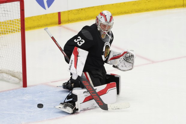 Chicago Blackhawks prospect Drew Commesso makes a save during the first day of training camp at Fifth Third Arena on Thursday, Sept. 19, 2024. (Eileen T. Meslar/Chicago Tribune)