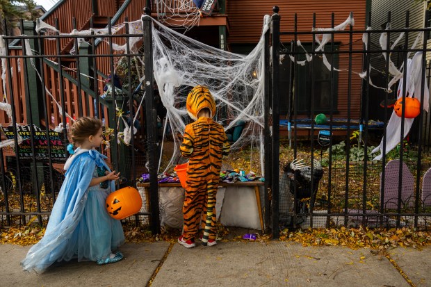 Peter Westergaard, 6, dressed as a tiger, and sister Alice Westergaard, 4, dressed as Elsa, trick or treat on Halloween in the Roscoe Village neighborhood of Chicago on Oct. 31, 2024. (Tess Crowley/Chicago Tribune)