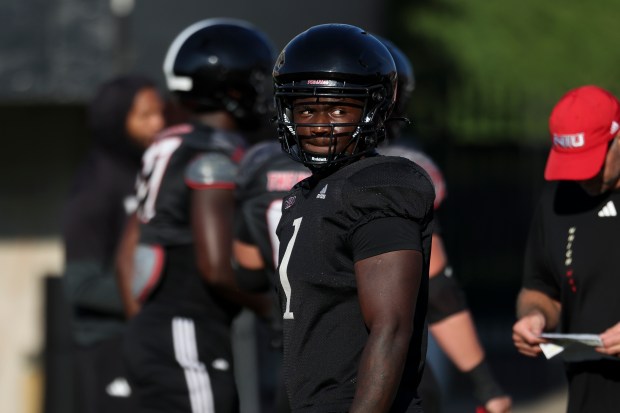 Northern Illinois running back Antario Brown waits with teammates during practice at Huskie Stadium in DeKalb on Sept. 17, 2024. (Eileen T. Meslar/Chicago Tribune)