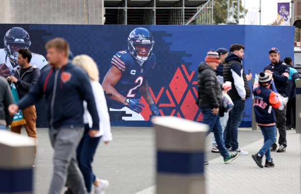 An image of Chicago Bears wide receiver DJ Moore (2) is seen outside of Tottenham Hotspur Stadium in London prior to a game between the Bears and the Jacksonville Jaguars on Oct. 13, 2024.  (Chris Sweda/Chicago Tribune)