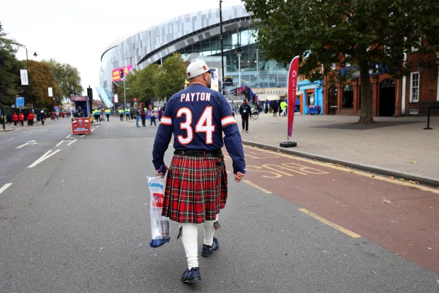 Martin Ackermann of Switzerland, wearing a Walter Payton shirt, arrives for a game between the Chicago Bears and the Jacksonville Jaguars at Tottenham Hotspur Stadium in London on Oct. 13, 2024.  (Chris Sweda/Chicago Tribune)