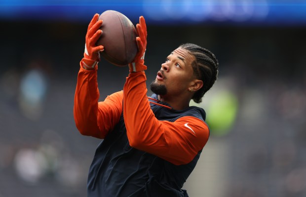 Chicago Bears wide receiver Rome Odunze warms up for a game against the Jacksonville Jaguars at Tottenham Hotspur Stadium in London on Oct. 13, 2024. (Chris Sweda/Chicago Tribune)