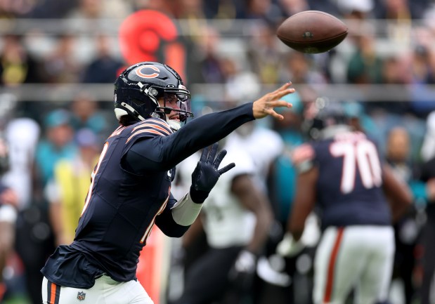 Bears quarterback Caleb Williams throws a pass in the first quarter against the Jacksonville Jaguars at Tottenham Hotspur Stadium in London on Oct. 13, 2024. (Chris Sweda/Chicago Tribune)