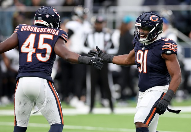 Bears linebacker Amen Ogbongbemiga (45) and defensive tackle Chris Williams (91) celebrate after a sack by Ogbongbemiga against the Jaguars on Oct. 13, 2024, in London. (Chris Sweda/Chicago Tribune)