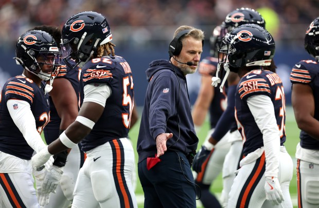 Bears head coach Matt Eberflus congratulates his team in the fourth quarter against the Jacksonville Jaguars at Tottenham Hotspur Stadium in London on Oct. 13, 2024. (Chris Sweda/Chicago Tribune)