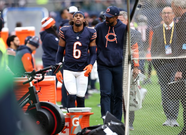 Bears cornerback Kyler Gordon (6) walks on the sideline after suffering a hamstring injury in the third quarter against the Jaguars on Oct. 13, 2024, at Tottenham Hotspur Stadium in London. (Chris Sweda/Chicago Tribune)