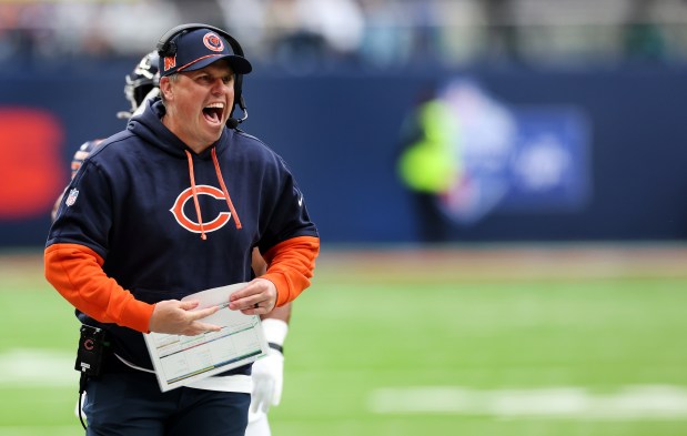 Bears offensive coordinator Shane Waldron reacts after a touchdown by wide receiver Keenan Allen in the third quarter against the Jaguars at Tottenham Hotspur Stadium in London on Oct. 13, 2024. (Chris Sweda/Chicago Tribune)