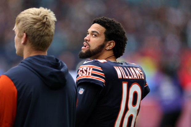 Bears quarterback Caleb Williams checks out the pregame scene at Tottenham Hotspur Stadium in London on Oct. 13, 2024. (Chris Sweda/Chicago Tribune)