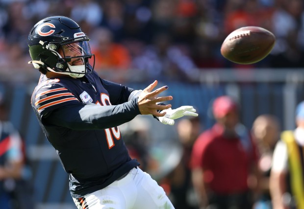 Bears quarterback Caleb Williams throws a pass in the fourth quarter against the Panthers on Oct. 6, 2024, at Soldier Field. (Chris Sweda/Chicago Tribune)