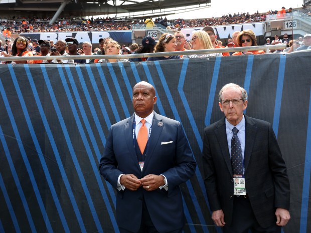 Bears President and CEO Kevin Warren stands beside Edward McCaskey on the sideline late in the second quarter of the game against the Titans at Soldier Field on Sept. 8, 2024. (Chris Sweda/Chicago Tribune)