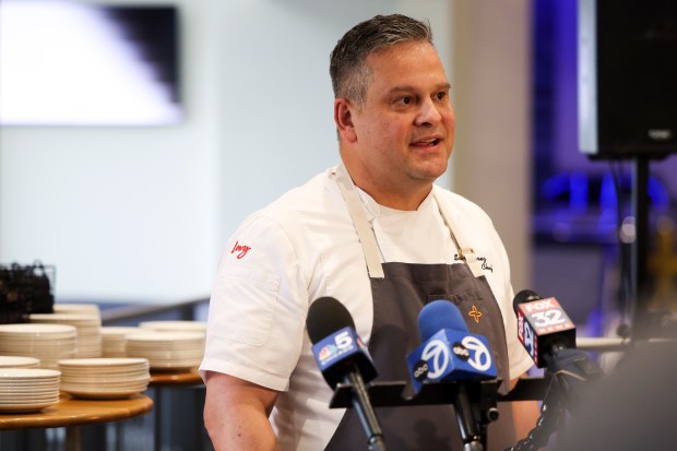 Levy Chef Scott Perez speaks about 2024-2025 food offerings during a preview of food and beverages for Blackhawks and Bulls games and concerts at the United Center on Oct. 14, 2024. (Eileen T. Meslar/Chicago Tribune)