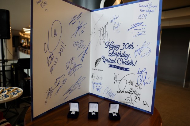 Artists, athletes, and musicians that have come to the United Center this year have signed a card celebrating the United Center's 30th Anniversary. (Eileen T. Meslar/Chicago Tribune)