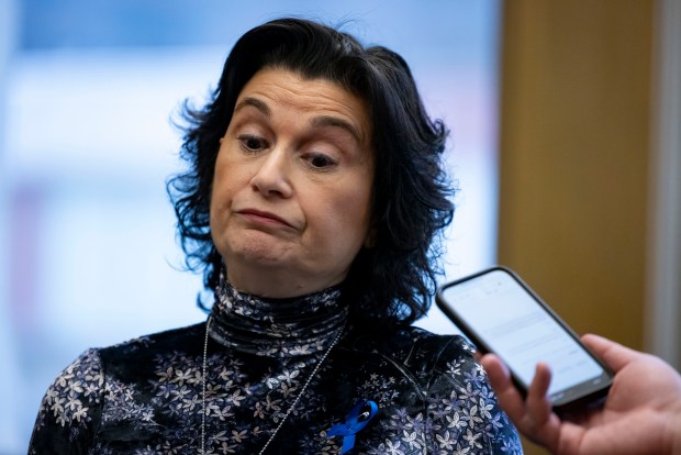 Ald. Debra Silverstein, 50th, speaks after a City Council meeting where aldermen narrowly passed an Israel-Hamas War cease-fire resolution she opposed on Jan. 31, 2024, at City Hall. (Brian Cassella/Chicago Tribune)