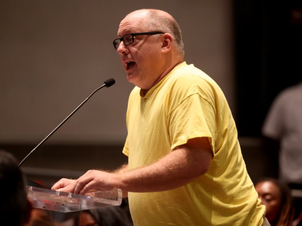 Paul Wargaski speaks during public comment at a Chicago Board of Education meeting on the budget and other issues, July 25, 2024, at Jones College Prep, in Chicago. (Antonio Perez/Chicago Tribune)