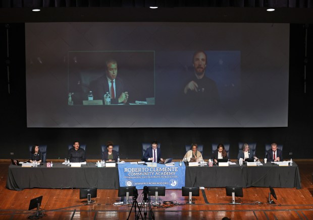 Chicago Public Schools CEO Pedro Martinez, seated far right, speaks during a Chicago Board of Education meeting at Roberto Clemente Community Academy on Sept. 26, 2024. (Chris Sweda/Chicago Tribune)