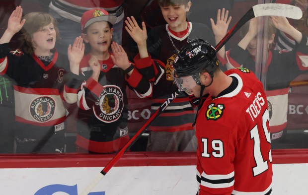 Chicago Blackhawks center Jonathan Toews (19) warms up for a game against the Philadelphia Flyers, and his final game as a Blackhawks player, at the United Center Thursday, April 13, 2023, in Chicago. (John J. Kim/Chicago Tribune)