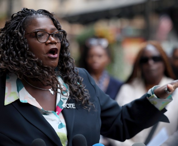 Tara Stamps, Cook County commissioner, speaks at a rally on Oct 9, 2024, in Chicago. (Stacey Wescott/Chicago Tribune)