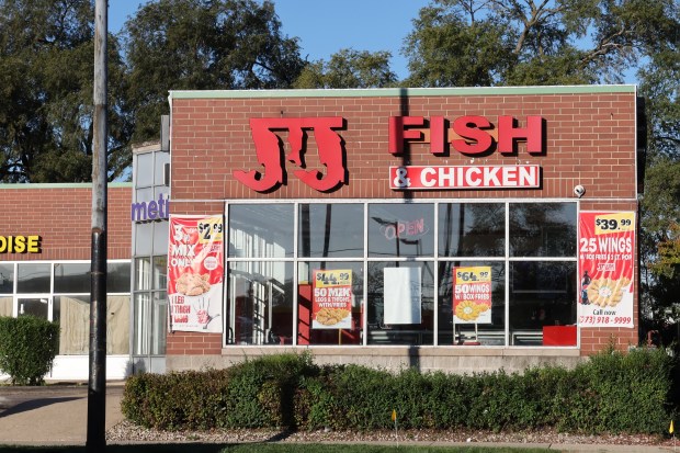 The J J Fish & Chicken restaurant, Oct. 8, 2024, where two men were shot and killed by an employee Monday night. (Antonio Perez/Chicago Tribune)