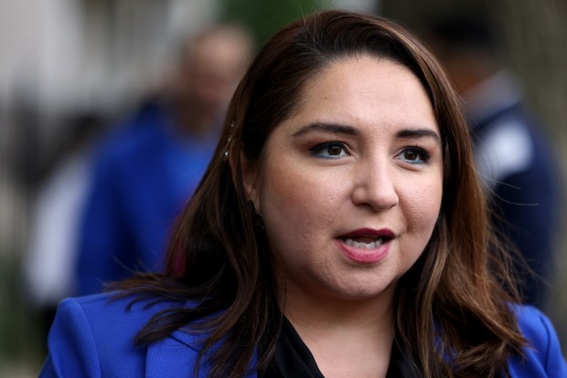 U.S. Rep. Delia Ramirez speaks in Chicago's Humboldt Park, April 23, 2024. (Antonio Perez/Chicago Tribune)