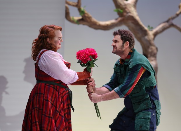 Keely Futterer, as Marcellina, and Alex Soare, as Giachino, perform during opening night of Chicago Opera Theater's "Leonora" at the Studebaker Theater in the Fine Arts Building on Oct. 1, 2024. (Chris Sweda/Chicago Tribune)