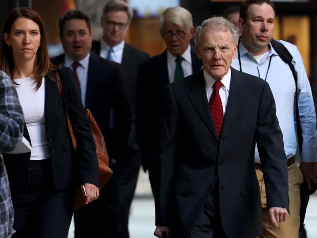 Former Illinois House Speaker Michael Madigan arrives at Dirksen U.S. Courthouse for the start of his trial on Oct. 21, 2024. (Antonio Perez/Chicago Tribune)