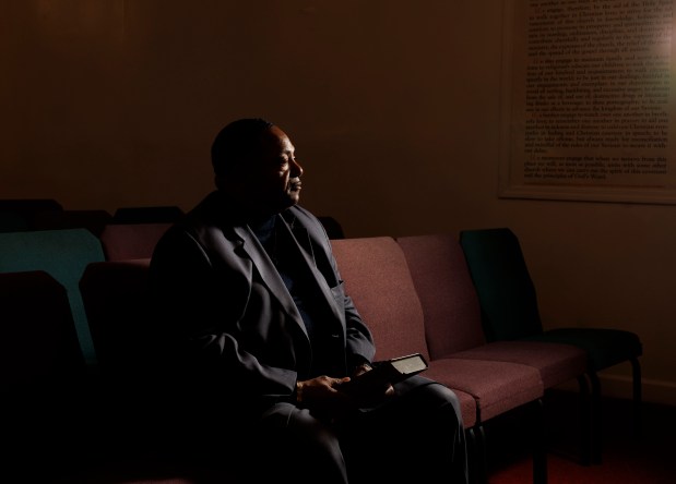 Rev. Marvin Hunter, Laquan McDonald's great-uncle, at Grace Memorial Baptist Church neighborhood on Oct. 16, 2024, in North Lawndale. Laquan McDonald was shot in 2014 by officer Jason Van Dyke in the 4100 block of South Pulaski Road. (Armando L. Sanchez/Chicago Tribune)