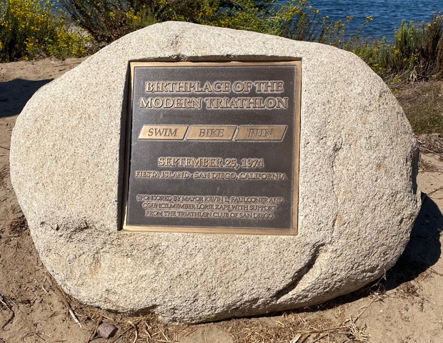 Mounted on a rock on San Diego's Fiesta Island, a plaque proclaims that the first modern-day triathlon went off there on Sept. 25, 1974. (Blair Kamin)