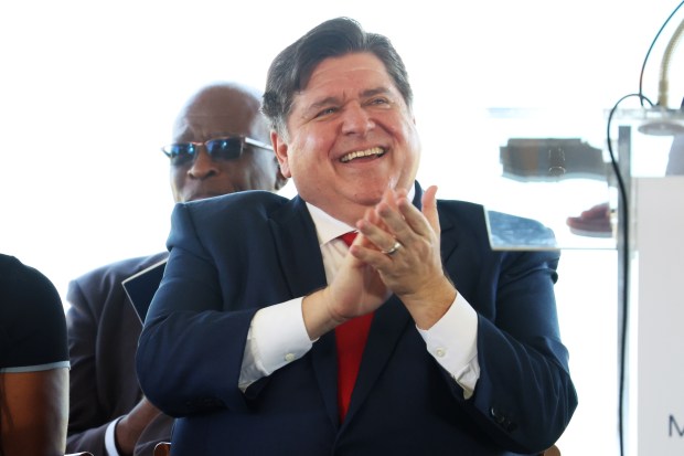 Illinois Gov. JB Pritzker applauds during a press conference on July 25, 2024, at the former U.S. Steel South Works site in Chicago where it was announced that the Illinois Quantum & Microelectronics Park will be built. (Terrence Antonio James/Chicago Tribune)