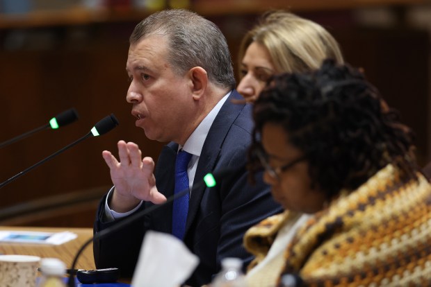 CPS CEO Pedro Martinez speaks during a City Council hearing on the public schools' budget issues at City Hall on Oct. 16, 2024. (Antonio Perez/Chicago Tribune)