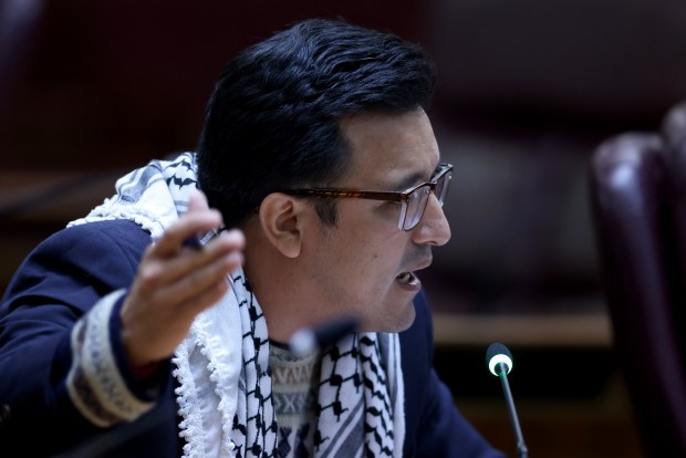 Ald. Byron Sigcho-Lopez speaks during a City Council hearing on Chicago Public Schools, CEO Pedro Martinez and other issues at City Hall on Oct. 16, 2024. (Antonio Perez/Chicago Tribune)