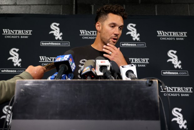 Chicago White Sox interim manager Grady Sizemore speaks before a game against the Angels at Guaranteed Rate Field on Sept. 24, 2024. (Chris Sweda/Chicago Tribune)