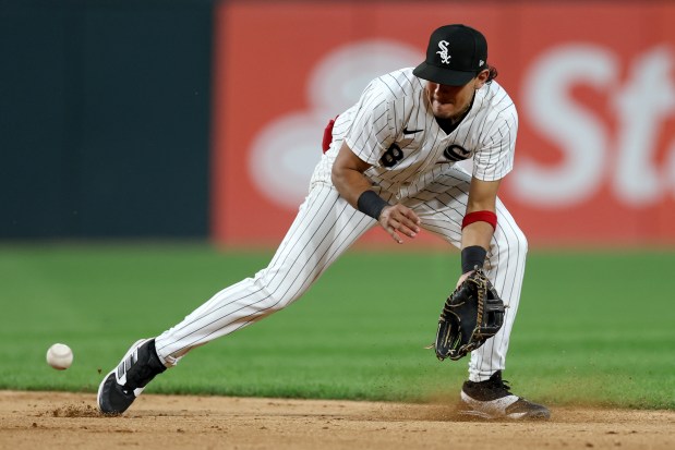 Chicago White Sox second baseman Nicky Lopez (8) fields a ground ball in the fifth inning of a game against the Houston Astros at Guaranteed Rate Field in Chicago on June 19, 2024. (Chris Sweda/Chicago Tribune)