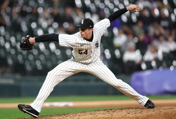 White Sox reliever Tim Hill delivers to the Reds on April 12, 2024, at Guaranteed Rate Field. (Chris Sweda/Chicago Tribune)