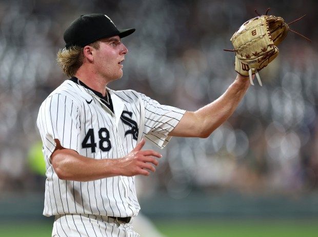 White Sox starting pitcher Jonathan Cannon covers first base on a groundout against the Royals on July 30, 2024, at Guaranteed Rate Field. (Chris Sweda/Chicago Tribune)