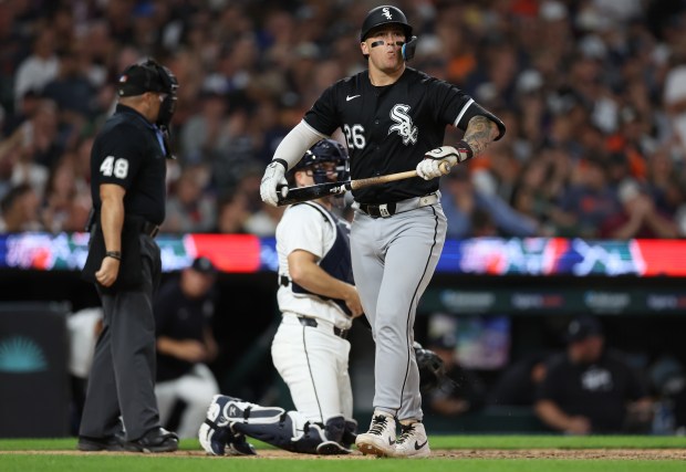 White Sox catcher Korey Lee walks back to the dugout after striking out against the Tigers at Comerica Park in Detroit on Sept. 27, 2024. (Chris Sweda/Chicago Tribune)