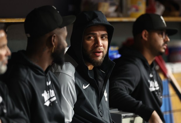 White Sox third baseman Yoan Moncada sits in the dugout in the ninth inning against the Tigers on Sept. 27, 2024, at Comerica Park in Detroit. (Chris Sweda/Chicago Tribune)