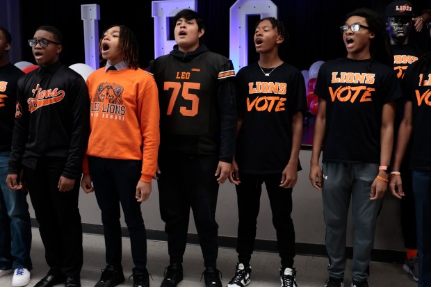 Leo High School students sing during Teen Voter Registration Day at Leo High School in Chicago on Sept. 10, 2024. (Antonio Perez/Chicago Tribune)