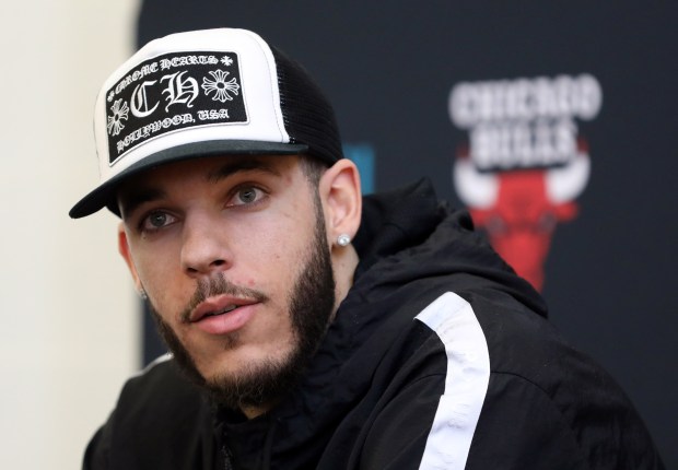 Lonzo Ball speaks as the Bulls discuss the end of their season on April 28, 2022 at the Advocate Center following their playoff loss to the Bucks. (Brian Cassella/Chicago Tribune)