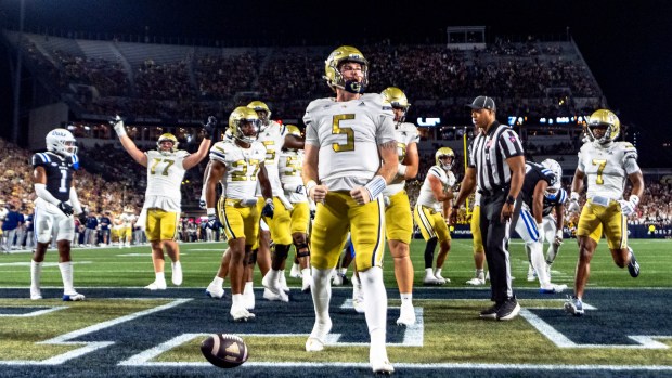 Georgia Tech quarterback Zach Pyron celebrates in the end zone after a rushing touchdown in the first quarter against Duke on Oct. 5, 2024, in Atlanta. (AP Photo/Jason Allen)