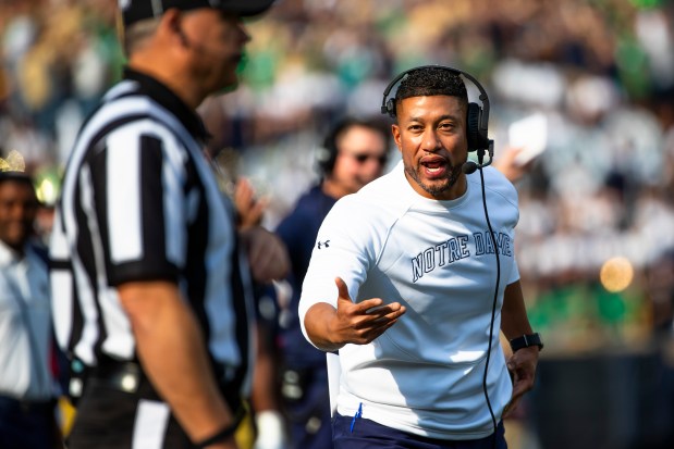 Notre Dame coach Marcus Freeman shouts toward a referee against Stanford on Oct. 12, 2024, in South Bend, Ind. (AP Photo/Michael Caterina)