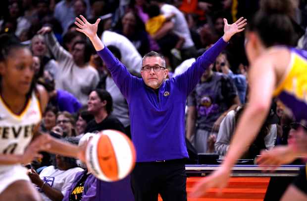 Los Angeles Sparks coach Curt Miller reacts against the Indiana Fever in the first half at Crypto.com Arena in Los Angeles on May 24, 2024. (Photo by Keith Birmingham, Pasadena Star-News/ SCNG)