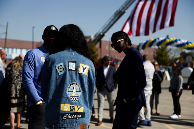 Chicago Sky player Michaela Onyenwere sports a Chicago Sky jean jacket during the groundbreaking on the new Chicago Sky practice facility in Bedford Park on Wednesday, Oct. 9, 2024. (Eileen T. Meslar/Chicago Tribune)