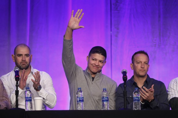 Will Venable, center, is introduced in a coaching staff Q&A session during the Cubs Convention on Jan. 13, 2018, at the Sheraton Grand Chicago. (John J. Kim/Chicago Tribune)