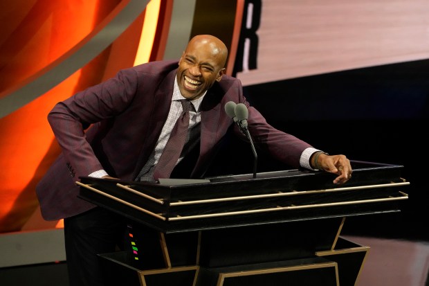 Vince Carter reacts at the podium during the 2024 Naismith Basketball Hall of Fame Induction at Symphony Hall on Oct. 13, 2024 in Springfield, Mass. (Photo by Joe Buglewicz/Getty Images)