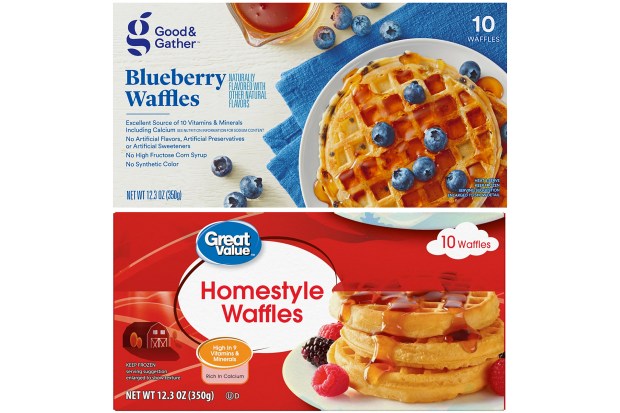 Boxes of frozen waffles, with one branded as "Good & Gather" and another as "Great Value." Nearly 700 frozen waffle products, some of them sold under the brands of major retailers like Kroger, Target and Walmart, were recalled on Friday over concerns of potential contamination with the bacteria Listeria monocytogenes, according to their manufacturer. (Food and Drug Administration via The New York Times)